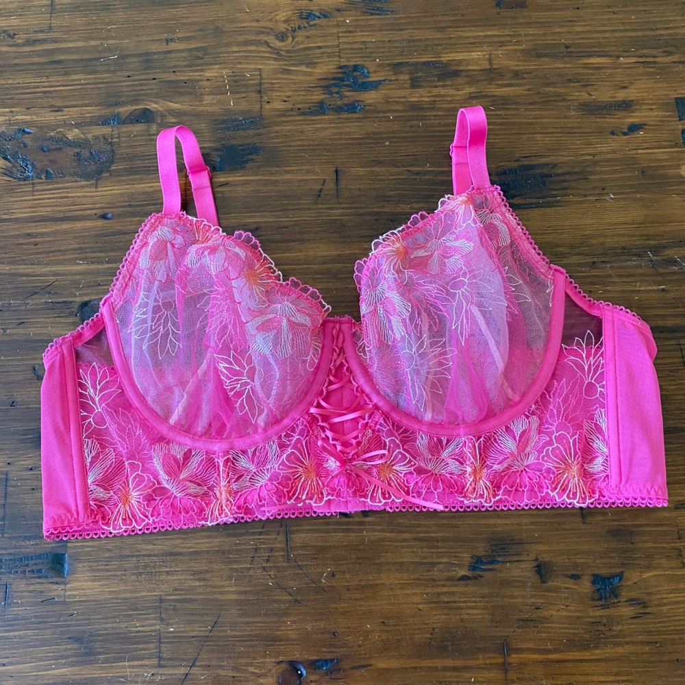 Torrid Curve Pink Floral Embroidered Longline Bra Lace Up Mesh Underwire Size 2X